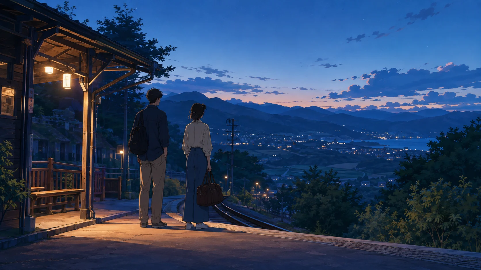 Two friends wait at a hillside train station as the town lights come on.